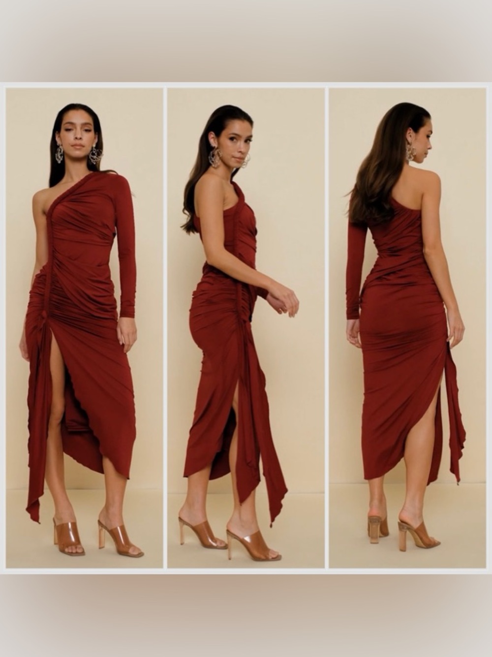 Andrea Iyamah One-Shoulder Asymmetrical Ruched Dress in Rust